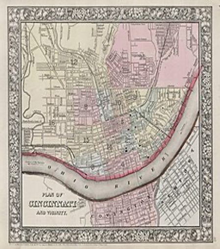 An illustrated map of Cincinnati and Vincinity created by S.A. Mitchell and dated 1864. Neighborhoods and districts are numbered and colored. The Ohio River cuts through the bottom portion of the map image. Image is from Wikipedia Commons.